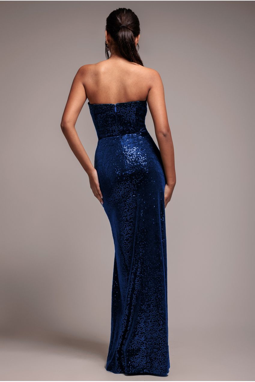 Sequin Velvet Bandeau Maxi Dress - Navy DR3610