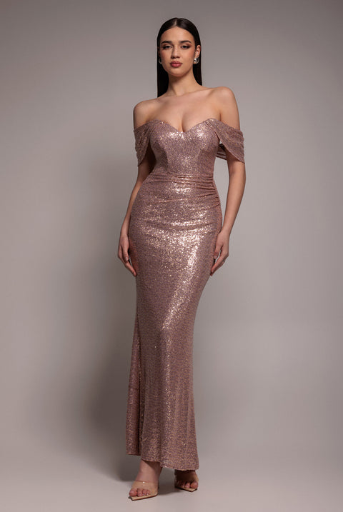 Off The Shoulder Sequin Wing Maxi Dress - Champagne by Goddiva
