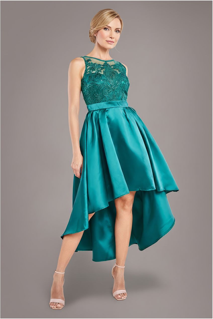 Sequin & Satin Dipped Hem Midi Dress - Emerald Green DR3621M