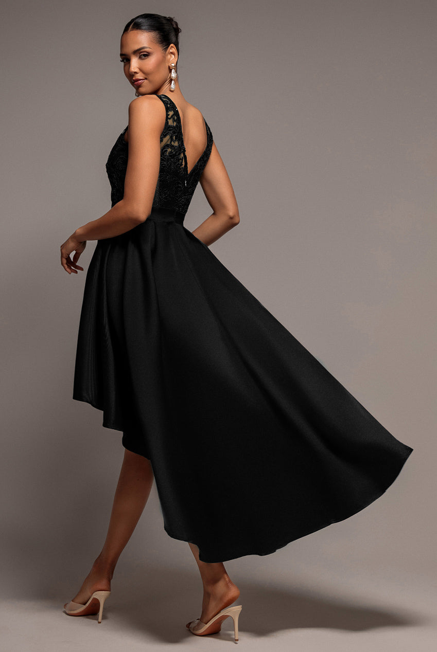Sequin & Satin Dipped Hem Midi Dress - Black DR3621