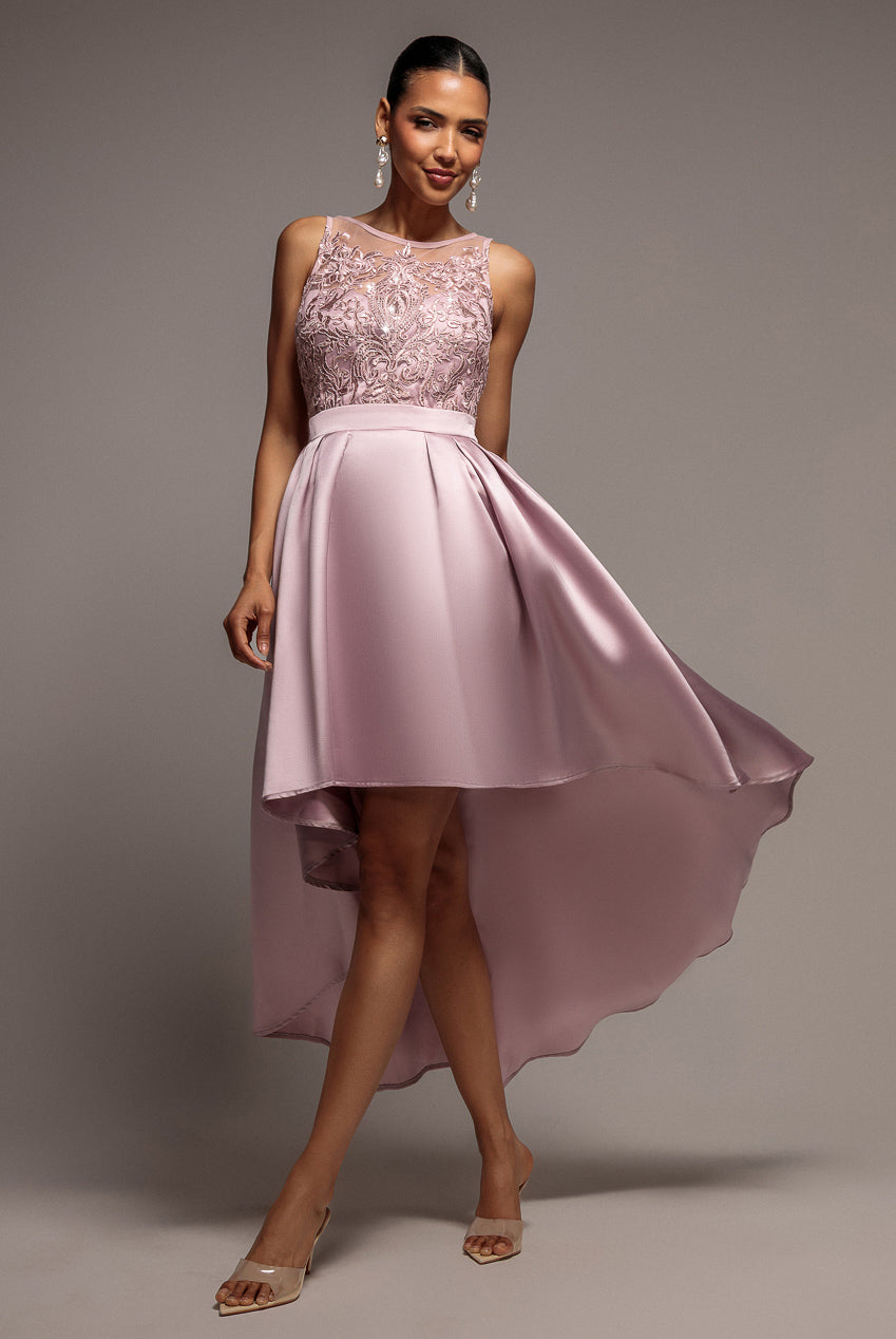 Sequin & Satin Dipped Hem Midi Dress - Blush DR3621
