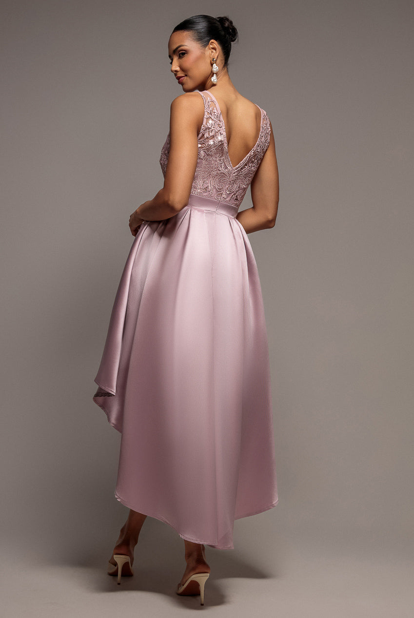 Sequin & Satin Dipped Hem Midi Dress - Blush DR3621