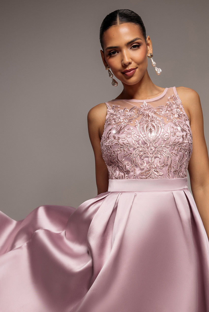 Sequin & Satin Dipped Hem Midi Dress - Blush DR3621