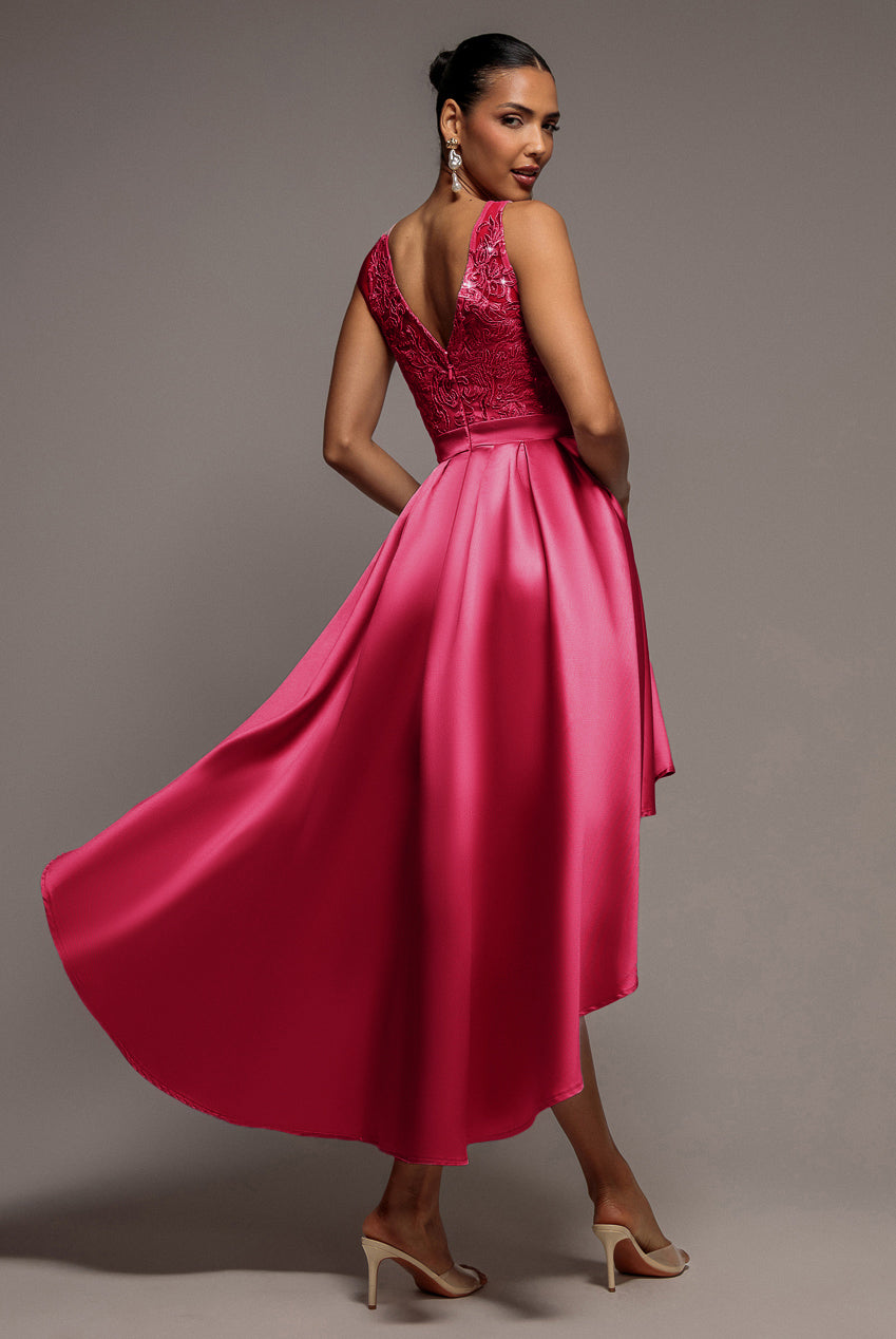 Sequin & Satin Dipped Hem Midi - Hot Pink DR3621