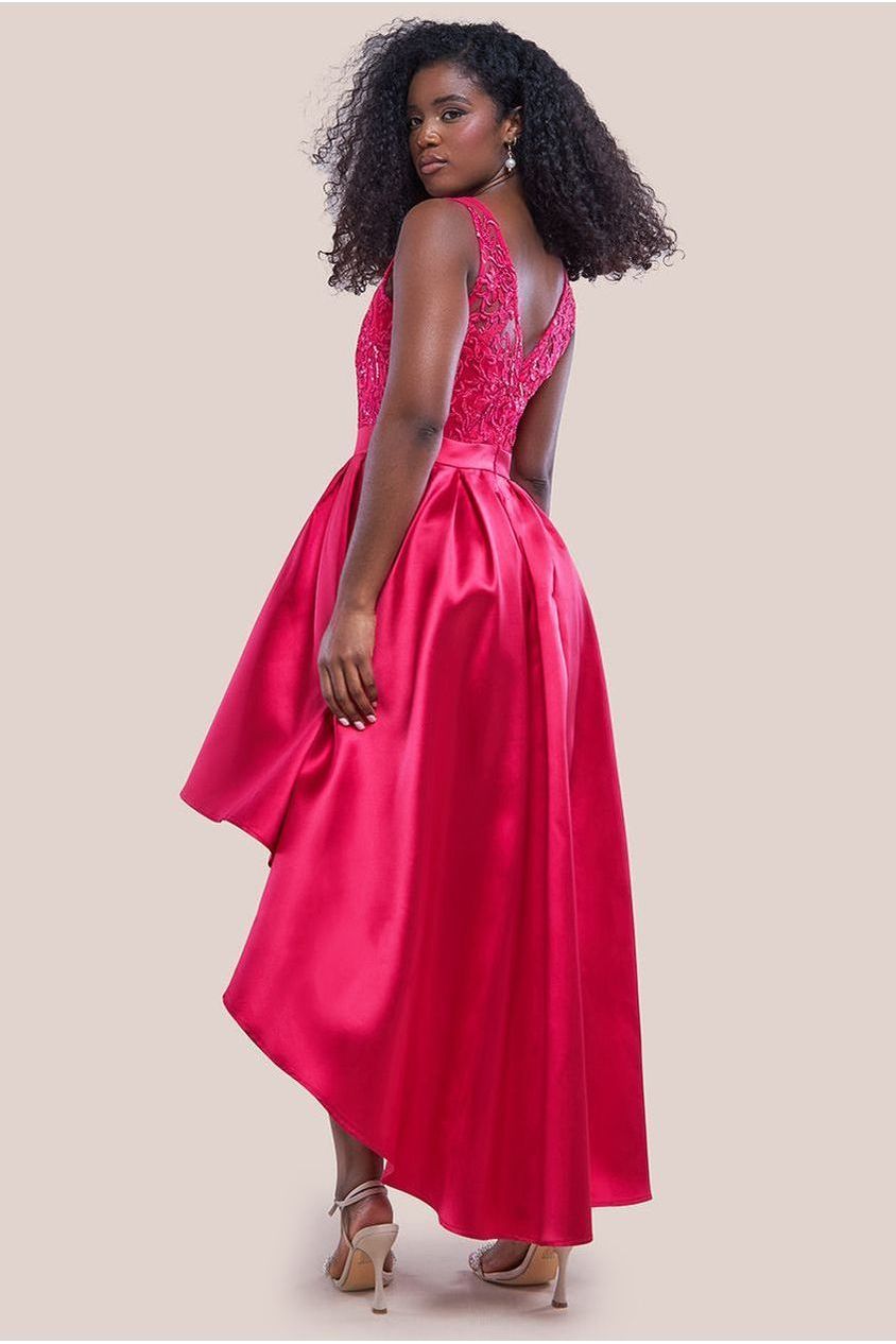 Sequin & Satin Dipped Hem Midi - Hot Pink DR3621