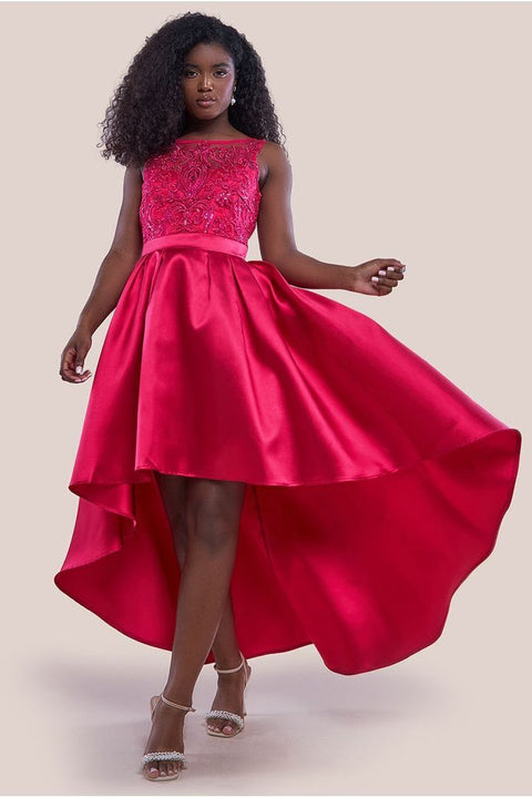 Sequin & Satin Dipped Hem Midi - Hot Pink by Goddiva