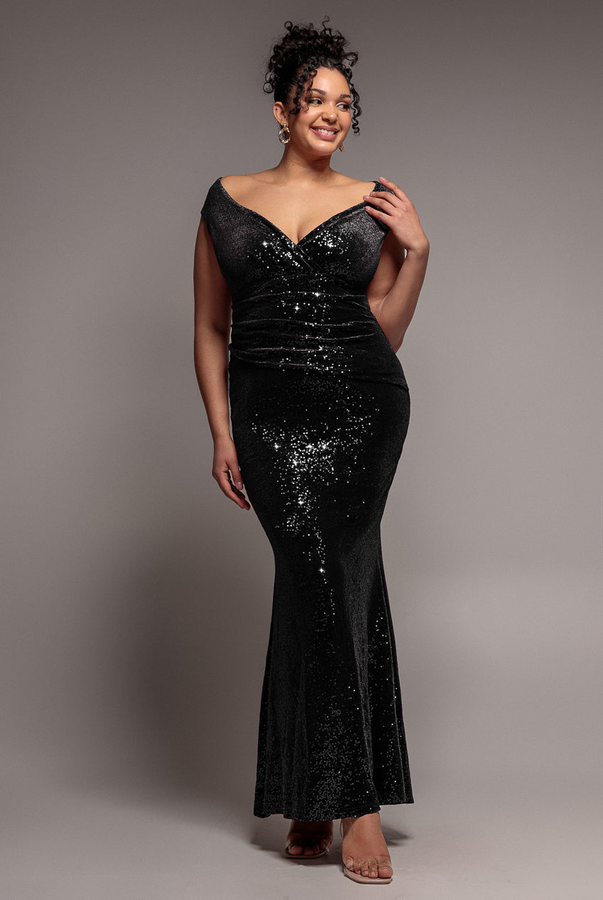 Sequin & Velvet Bardot Maxi Dress - Black DR3623P