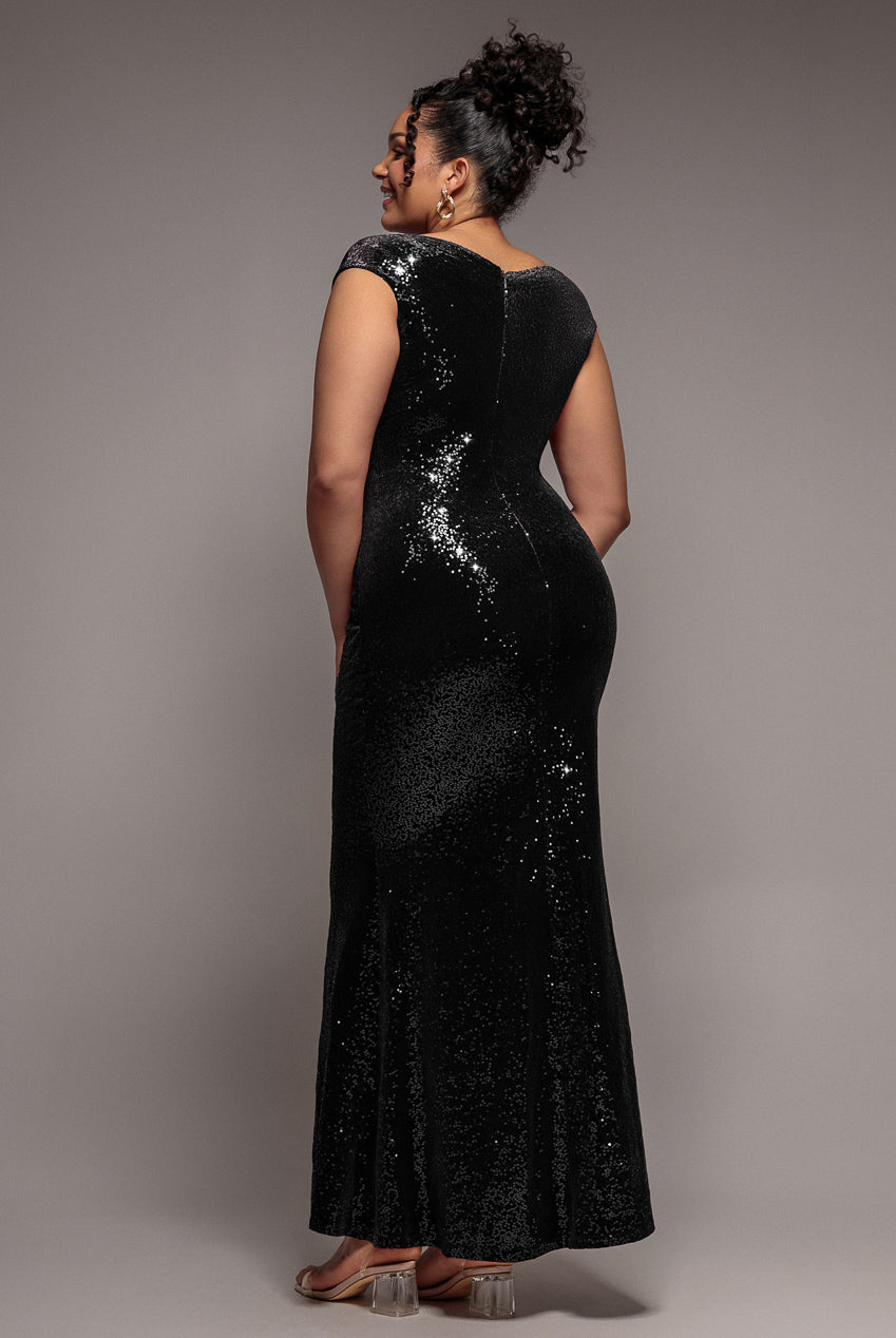 Sequin & Velvet Bardot Maxi Dress - Black DR3623P