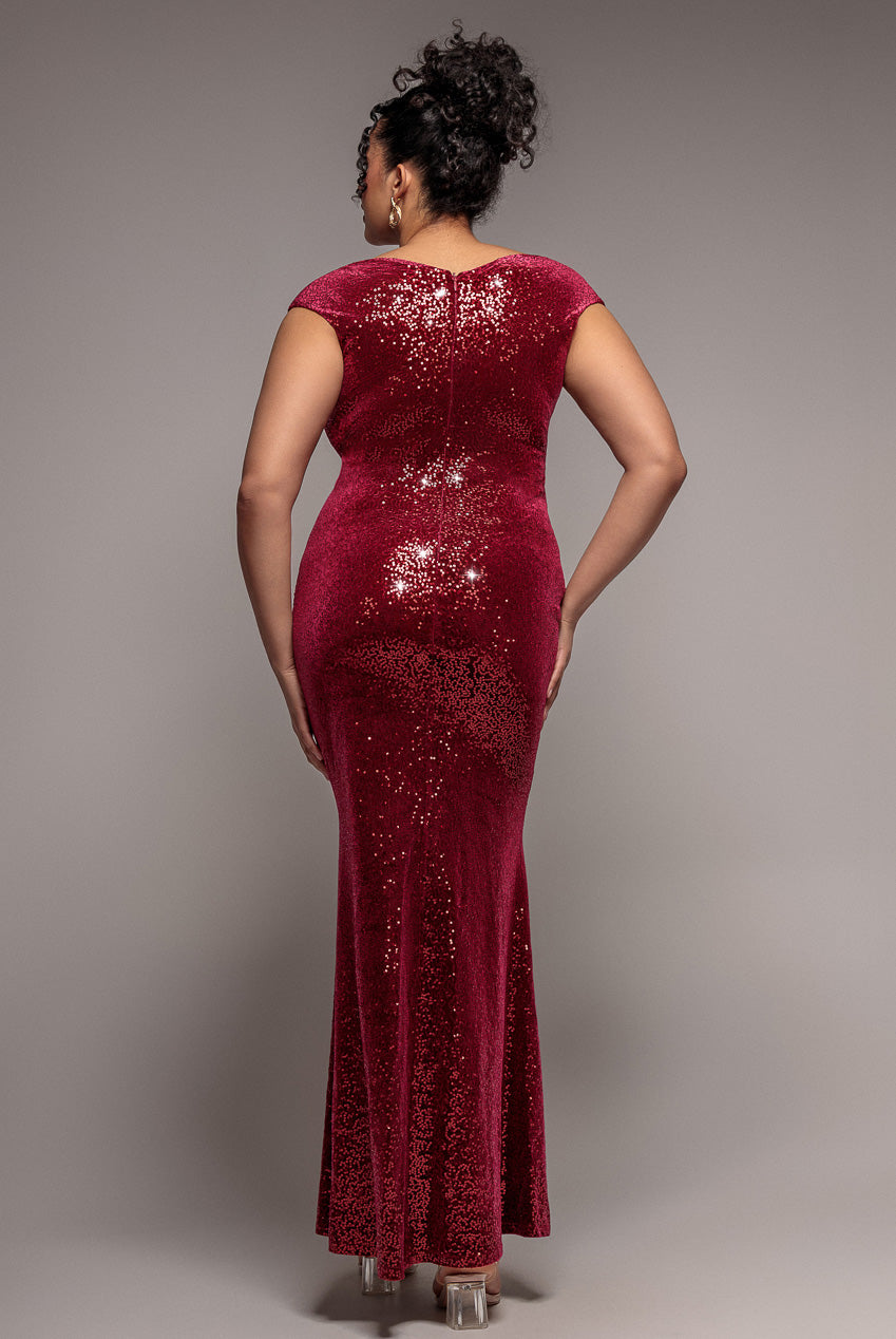 Sequin & Velvet Bardot Maxi Dress - Wine DR3623P