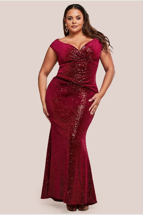 Sequin & Velvet Bardot Maxi Dress - Wine by Goddiva Plus