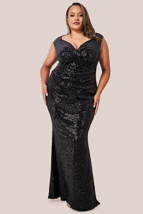 Sequin & Velvet Bardot Maxi Dress - Black by Goddiva Plus