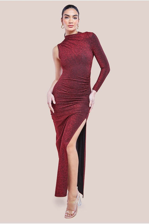 Open Lurex Back One Sleeve Maxi Dress - Red by Goddiva