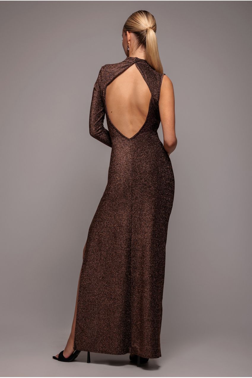 Open Lurex Back One Sleeve Maxi Dress - Bronze DR3633