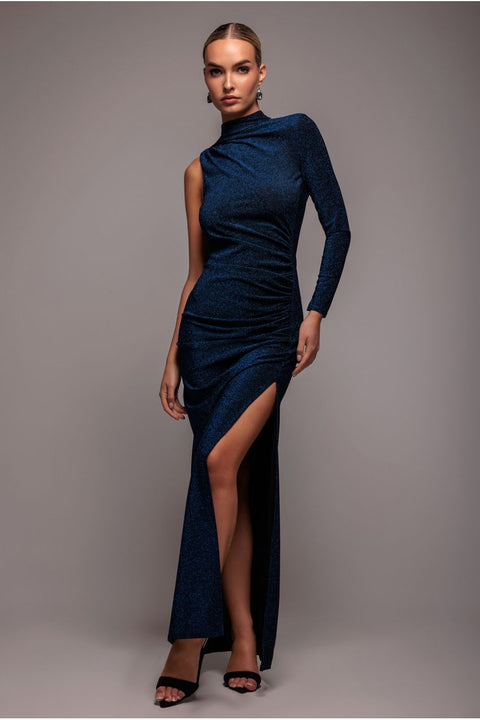 Open Lurex Back One Sleeve Maxi Dress - Royal Blue by Goddiva