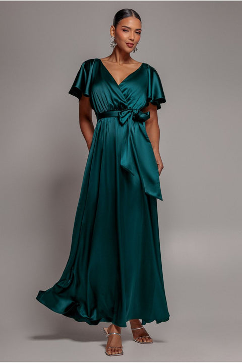 Satin Flutter Sleeve Wrap Maxi Dress - Emerald Green by Goddiva