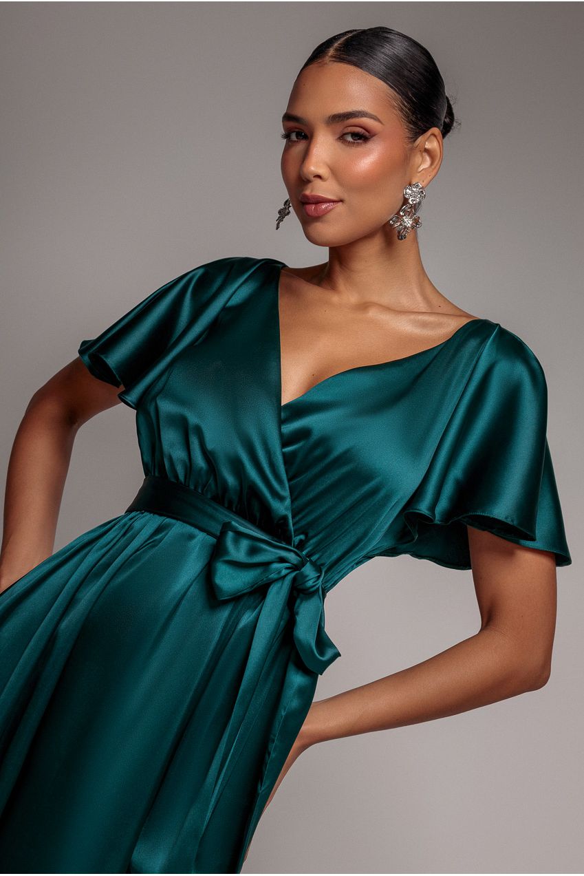 Satin Flutter Sleeve Wrap Maxi Dress - Emerald Green DR3640