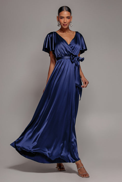 Satin Flutter Sleeve Wrap Maxi Dress - Navy Blue by Goddiva