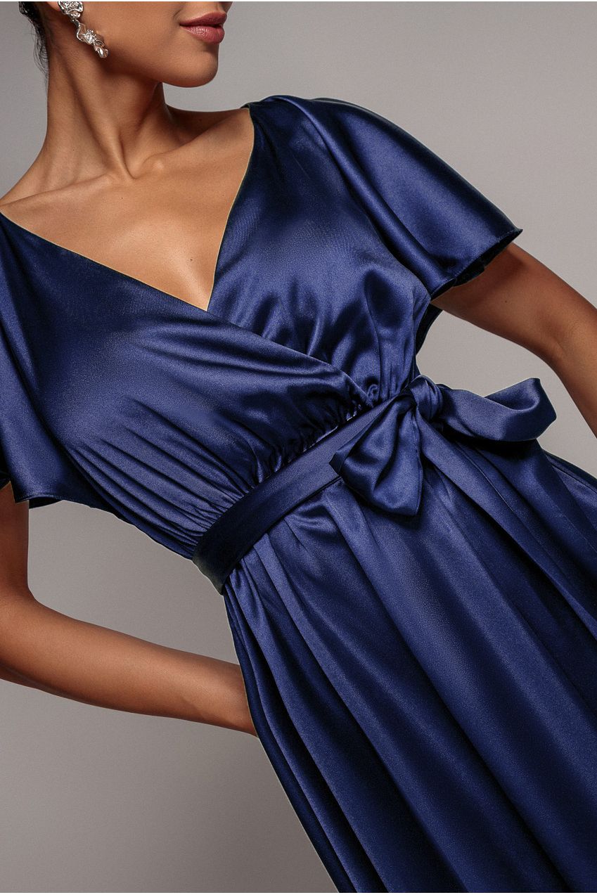 Satin Flutter Sleeve Wrap Maxi Dress - Navy Blue DR3640
