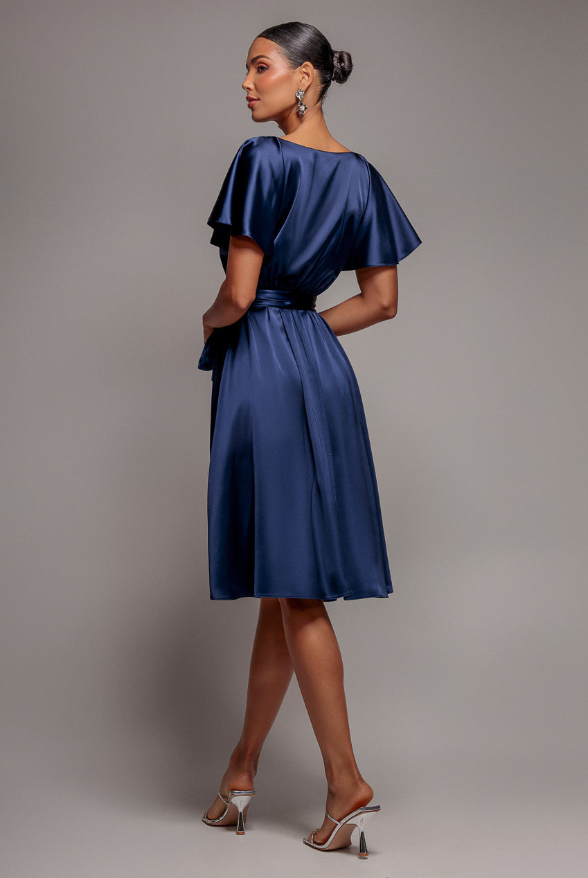 Satin Flutter Sleeve Wrap Midi Dress - Navy Blue DR3641