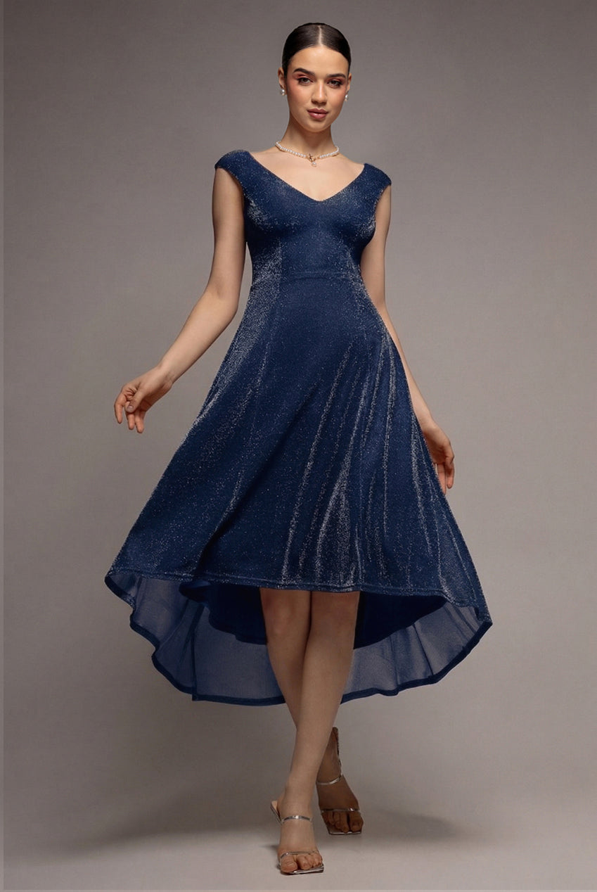 Off The Shoulder Lurex High Low Dress - Navy DR3642