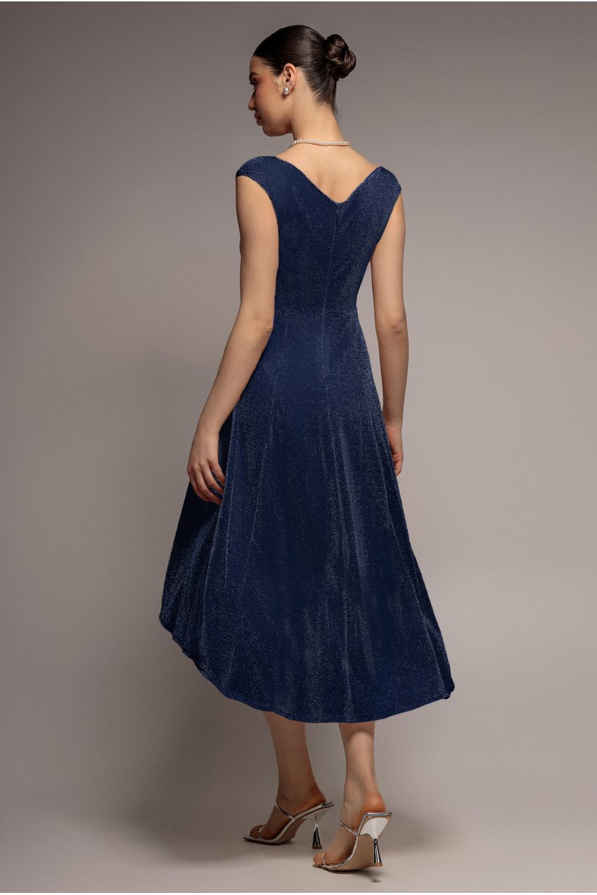 Off The Shoulder Lurex High Low Dress - Navy DR3642