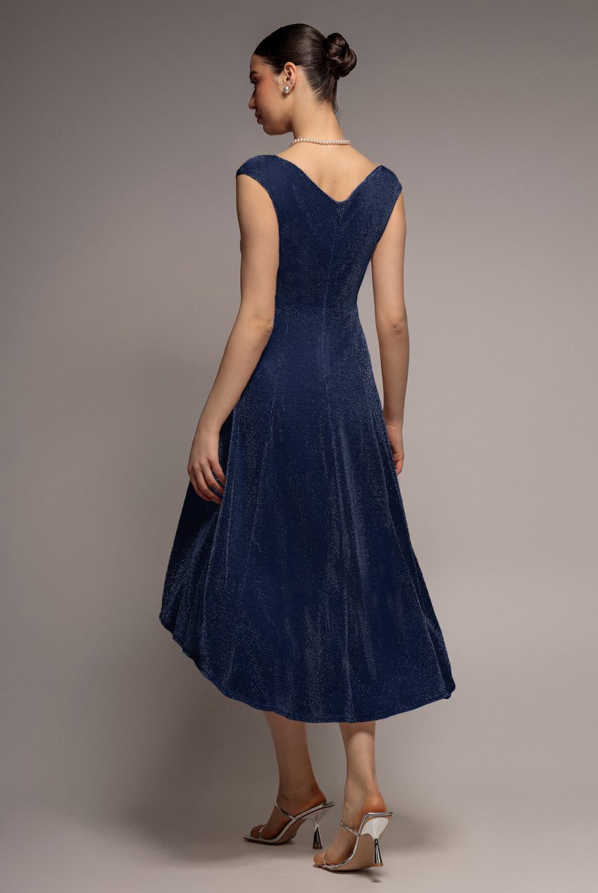 Off The Shoulder Lurex High Low Dress - Navy DR3642