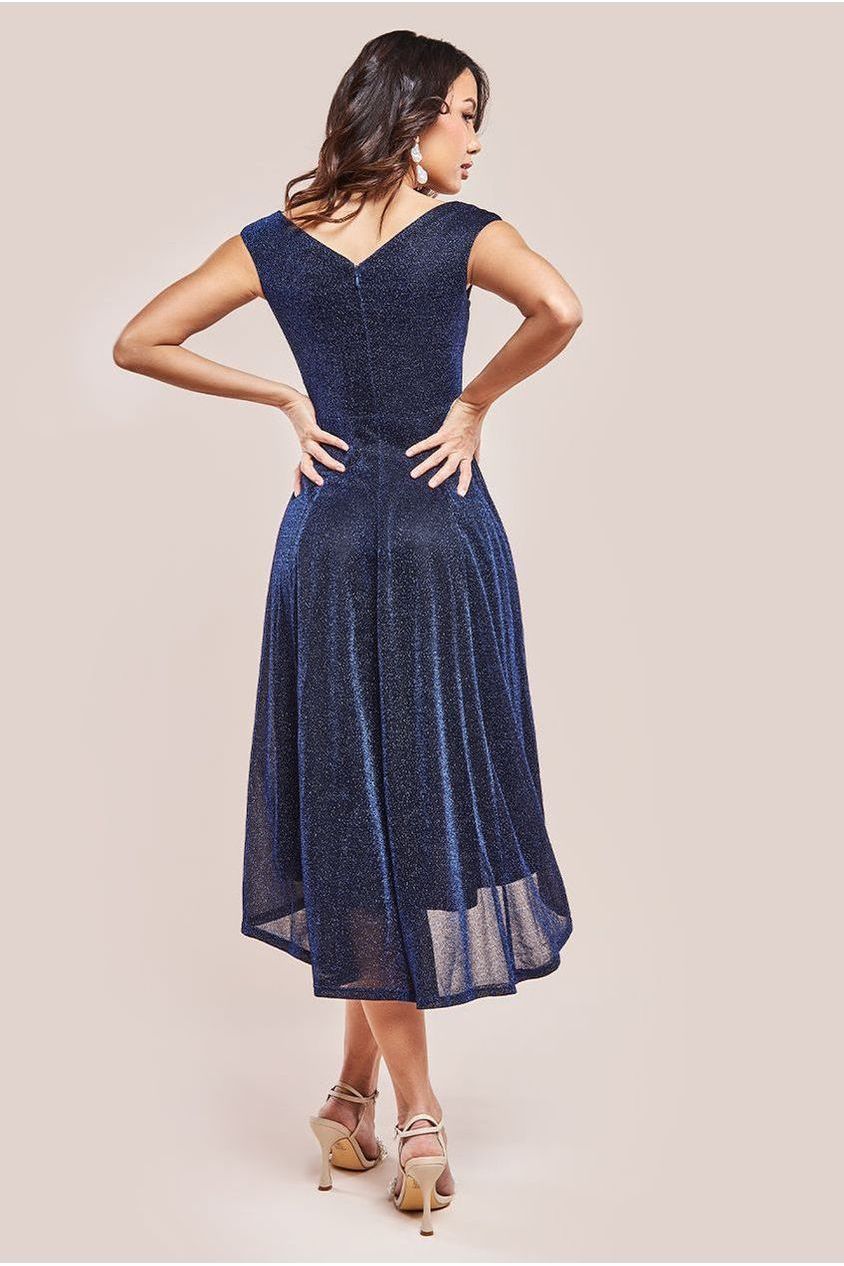Off The Shoulder Lurex High Low Dress - Navy DR3642