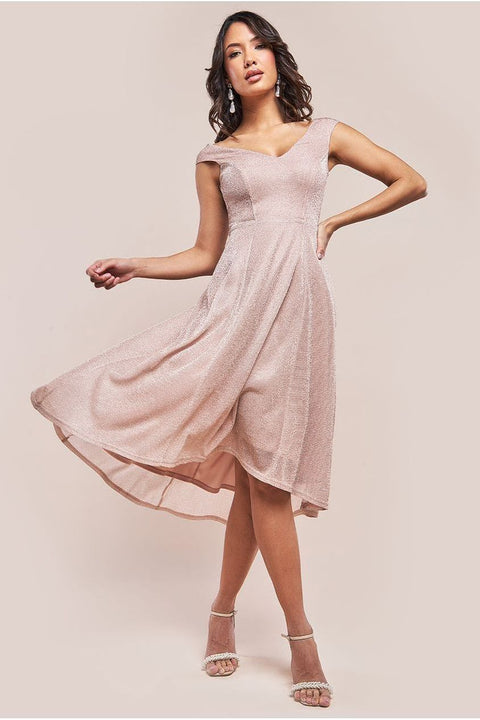 Off The Shoulder Lurex High Low Dress - Nude by Goddiva