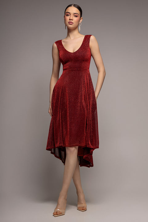 Off The Shoulder Lurex High Low Dress - Red by Goddiva