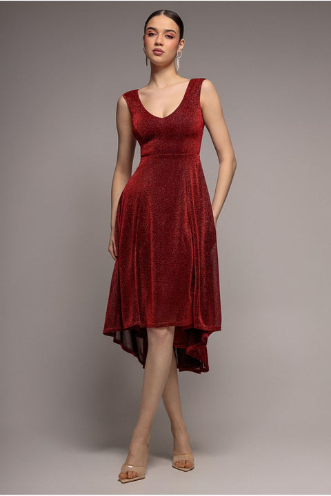 Off The Shoulder Lurex High Low Dress - Red by Goddiva