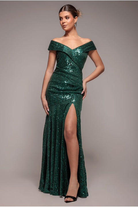 Bardot Sequin Pleated Maxi Dress - Emerald Green by Goddiva
