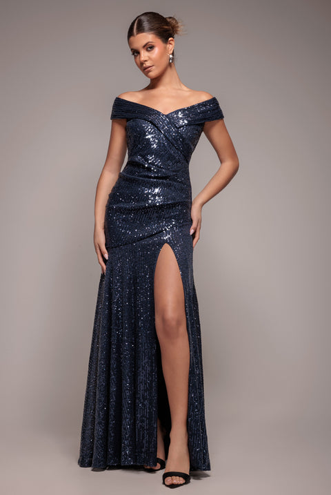 Bardot Sequin Pleated Maxi Dress - Navy by Goddiva