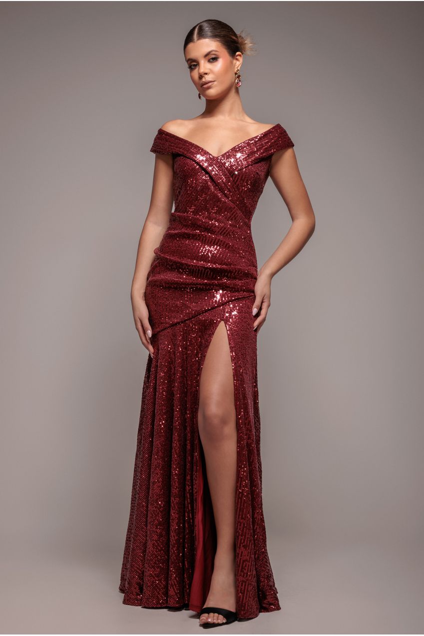 Bardot Sequin Pleated Maxi Dress - Wine DR3643A