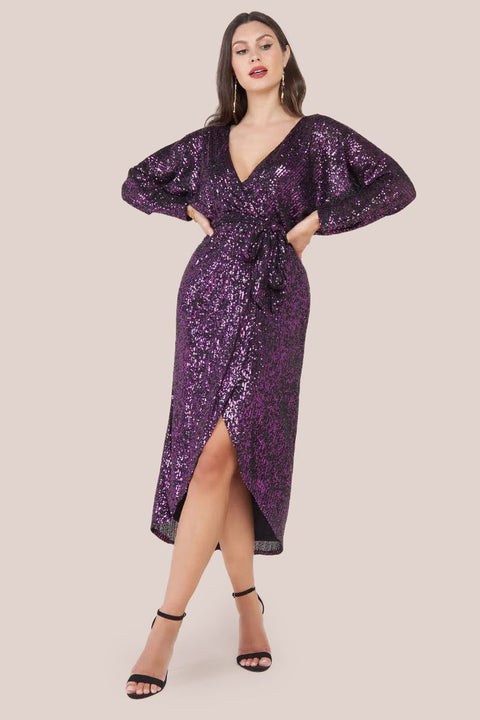 Wrap Style Sequin Midi Dress - Purple by Goddiva