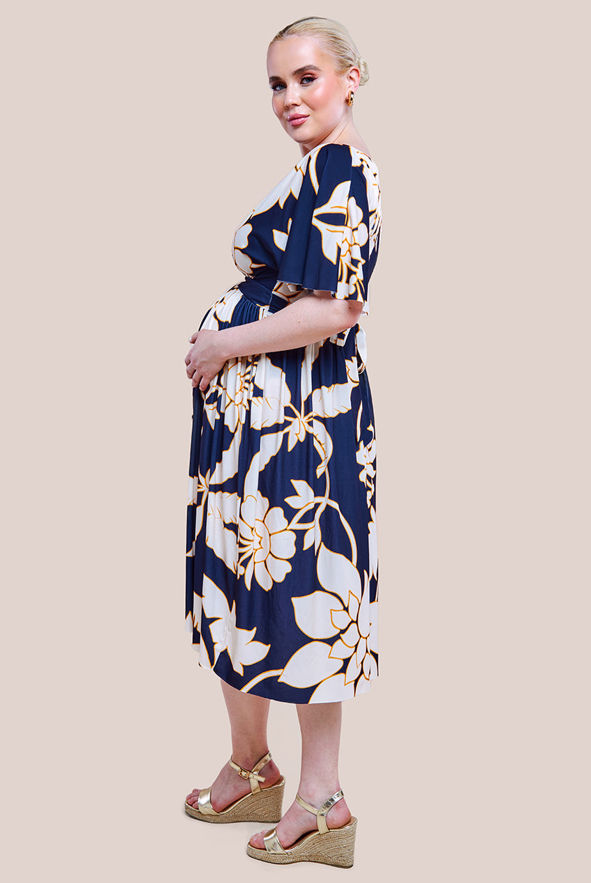 Maternity Leaf Print Flutter Sleeve Midi Dress - Navy DR3651MAT