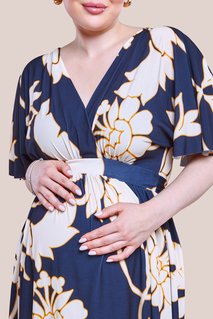 Maternity Leaf Print Flutter Sleeve Midi Dress - Navy DR3651MAT
