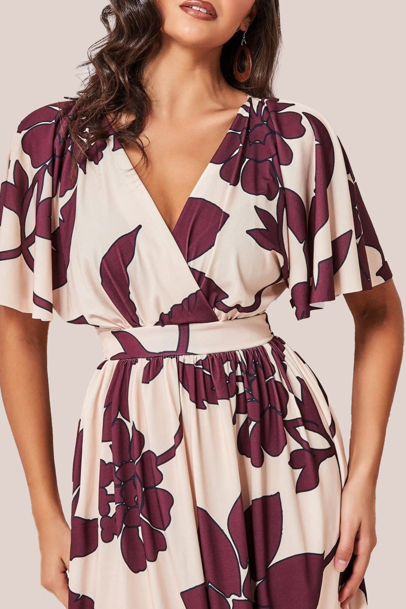 Leaf Print Flutter Sleeve Midi - Cream DR3651