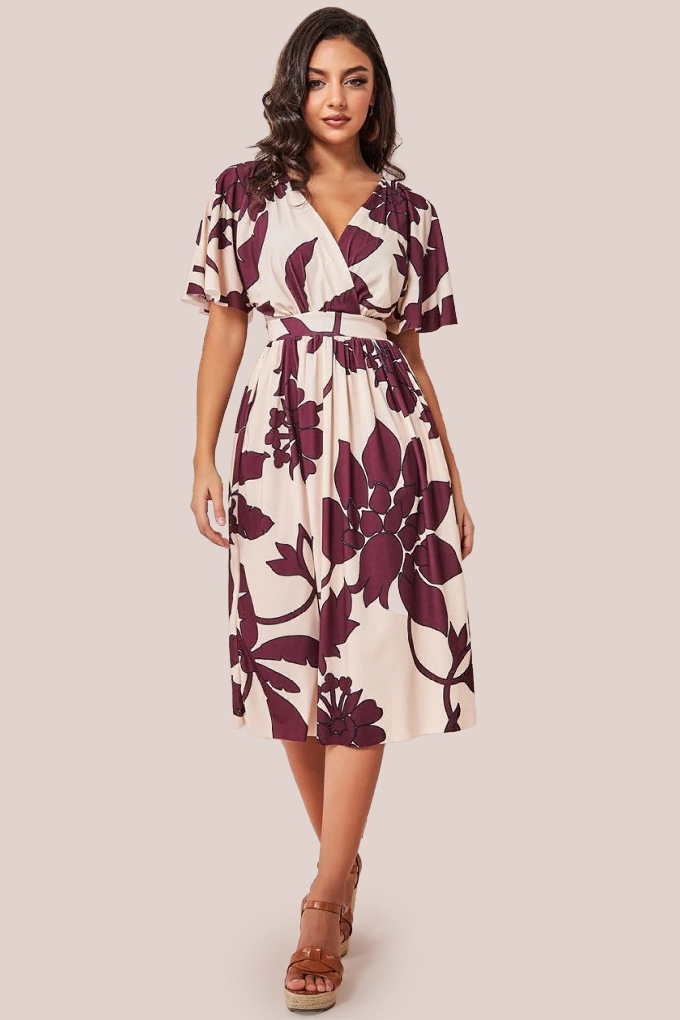 Leaf Print Flutter Sleeve Midi - Cream DR3651