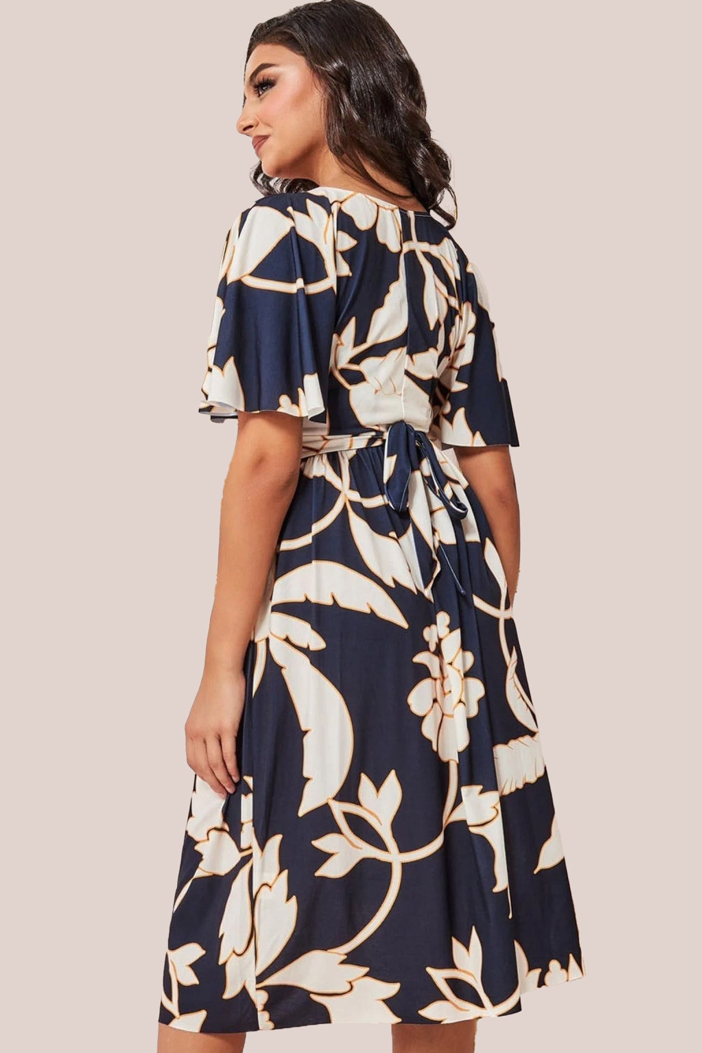 Leaf Print Flutter Sleeve Midi - Navy DR3651