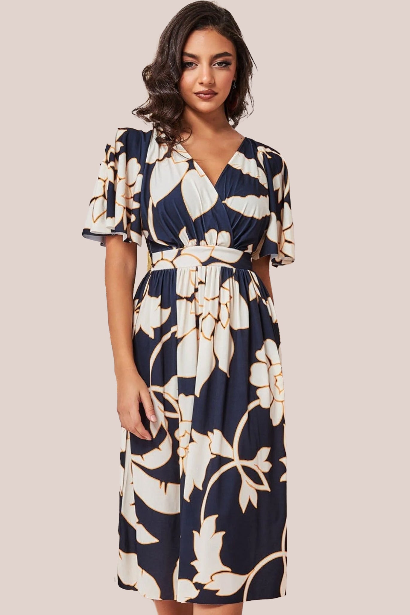 Leaf Print Flutter Sleeve Midi - Navy DR3651
