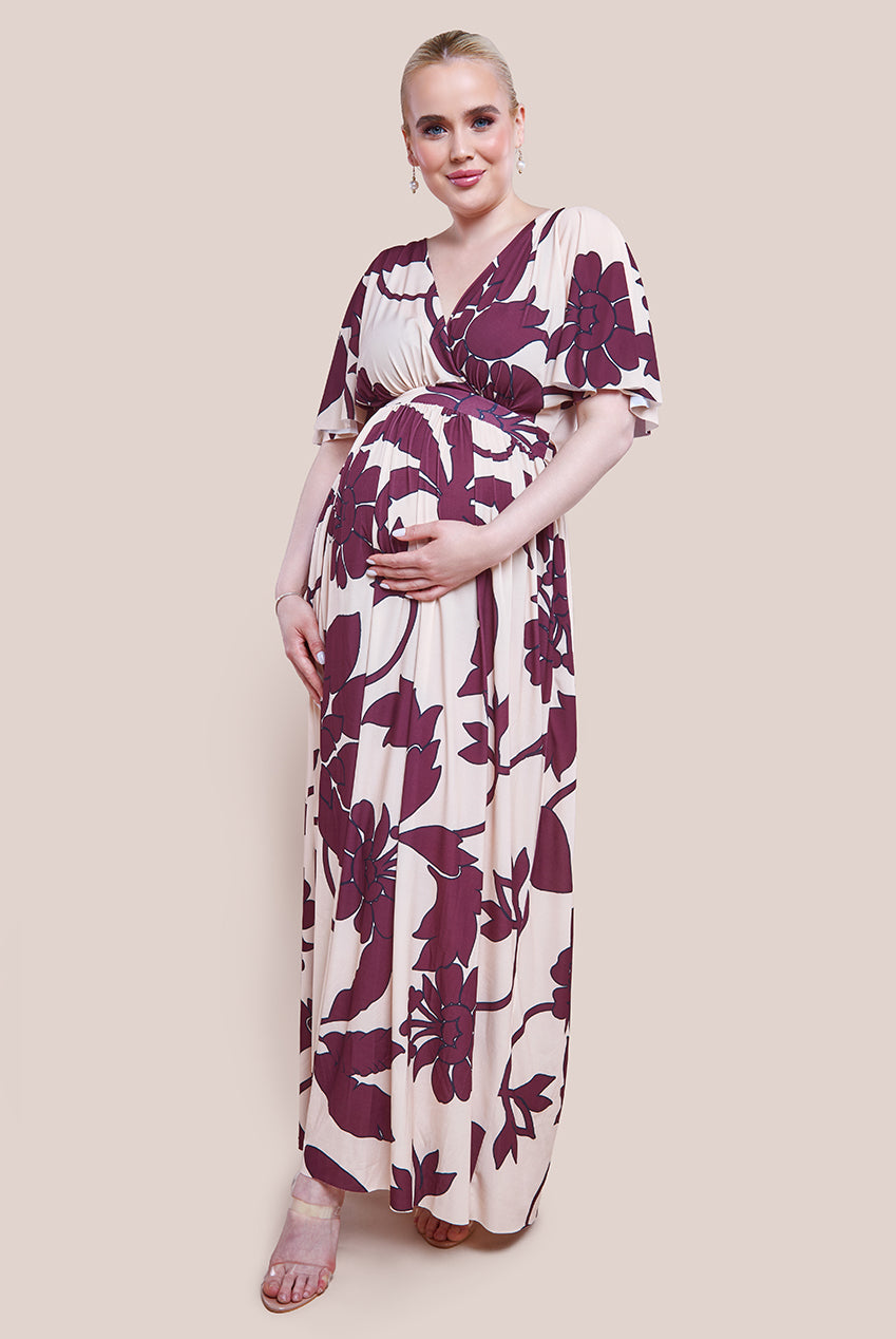 Maternity Leaf Print Flutter Sleeve Maxi Dress - Cream DR3652MAT