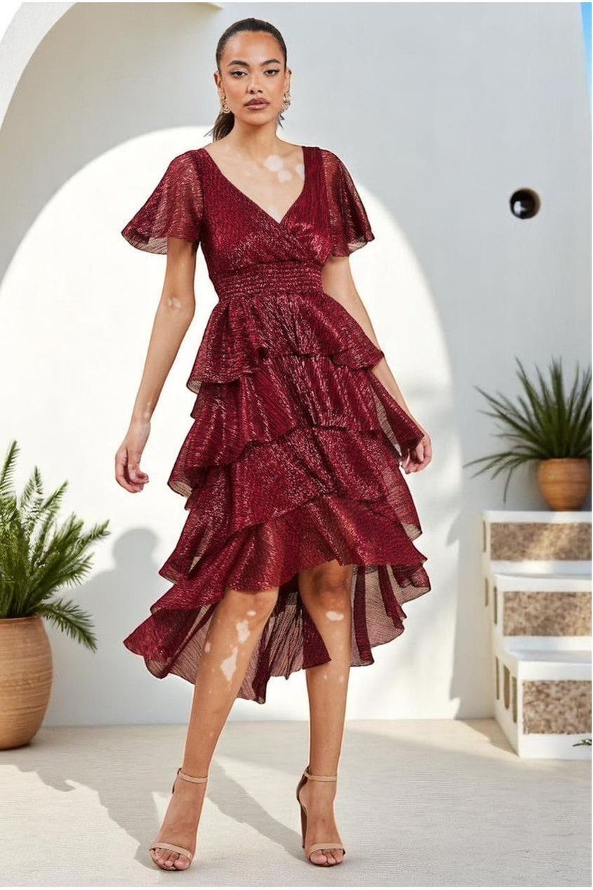 Crinkle Lurex High Low Layered Midi Dress - Wine DR3655