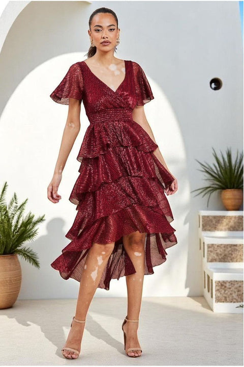 Crinkle Lurex High Low Layered Midi Dress - Wine by Goddiva