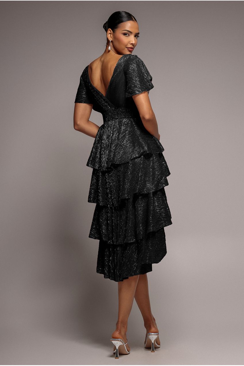 Crinkle Lurex High Low Layered Midi Dress - Black DR3655