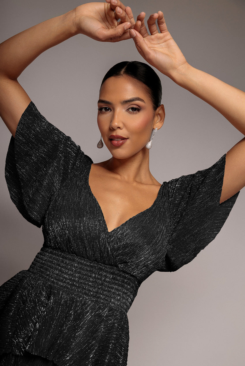 Crinkle Lurex High Low Layered Midi Dress - Black DR3655