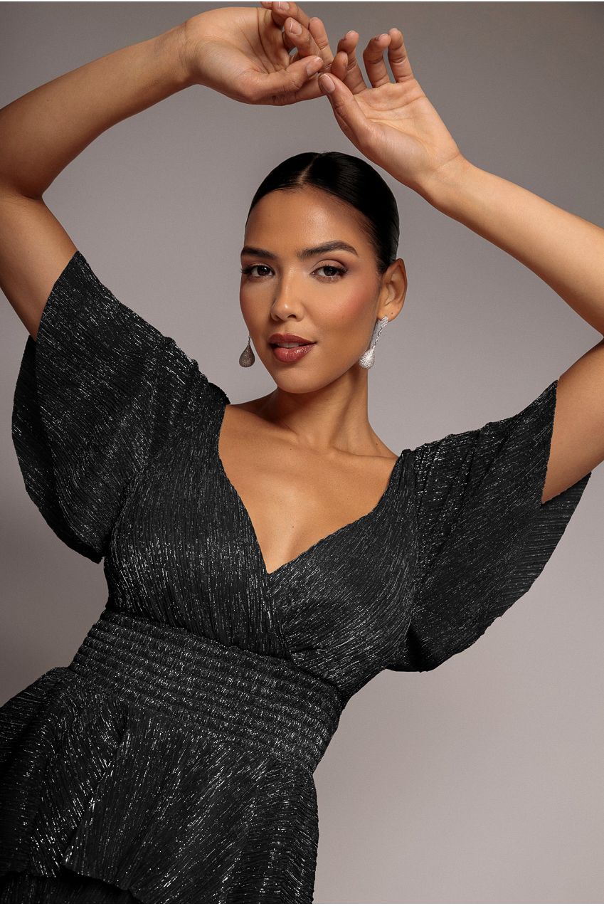 Crinkle Lurex High Low Layered Midi Dress - Black DR3655