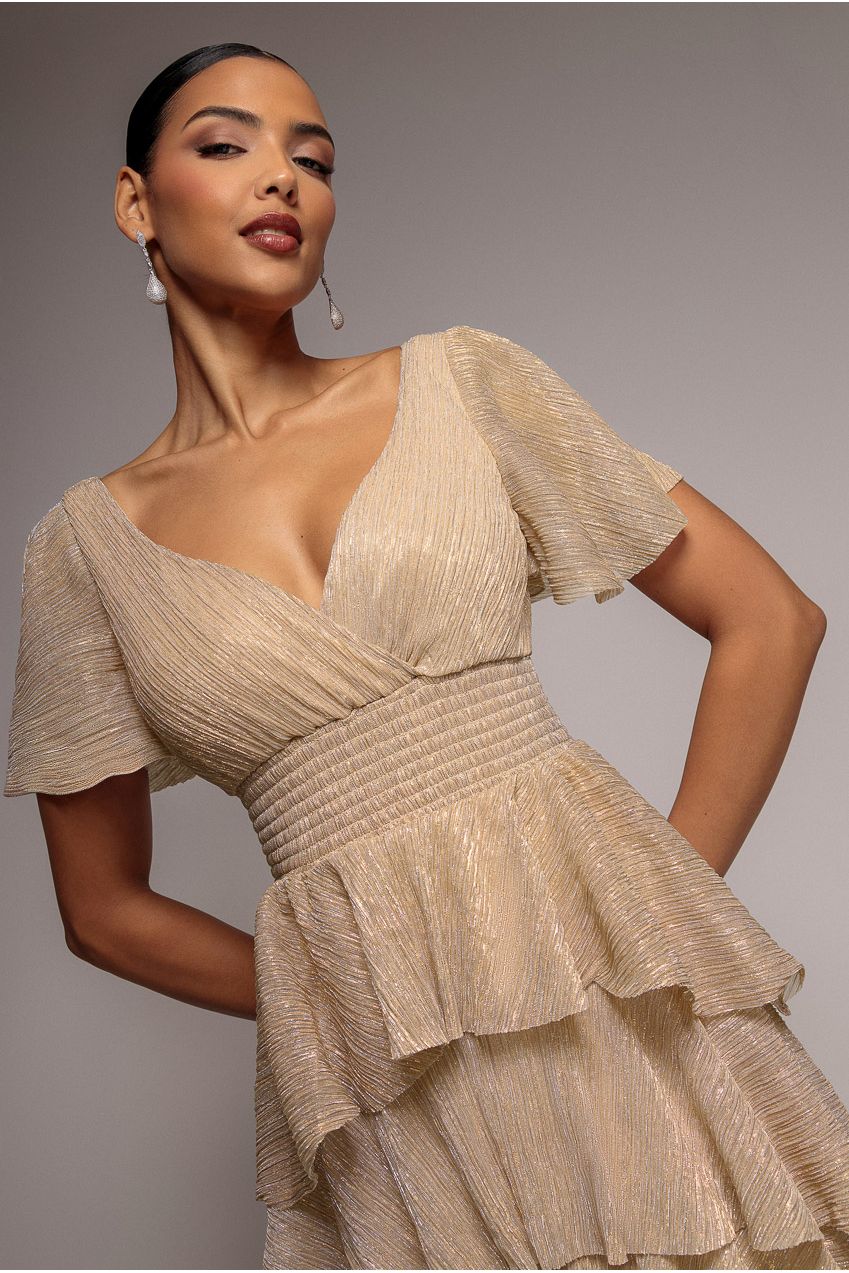 Crinkle Lurex High Low Layered Midi Dress - Champagne DR3655QZ