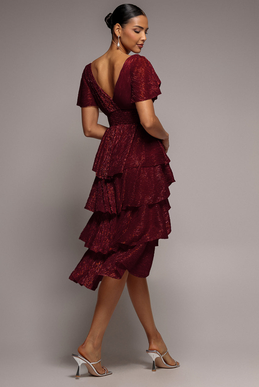 Crinkle Lurex High Low Layered Midi Dress - Wine DR3655