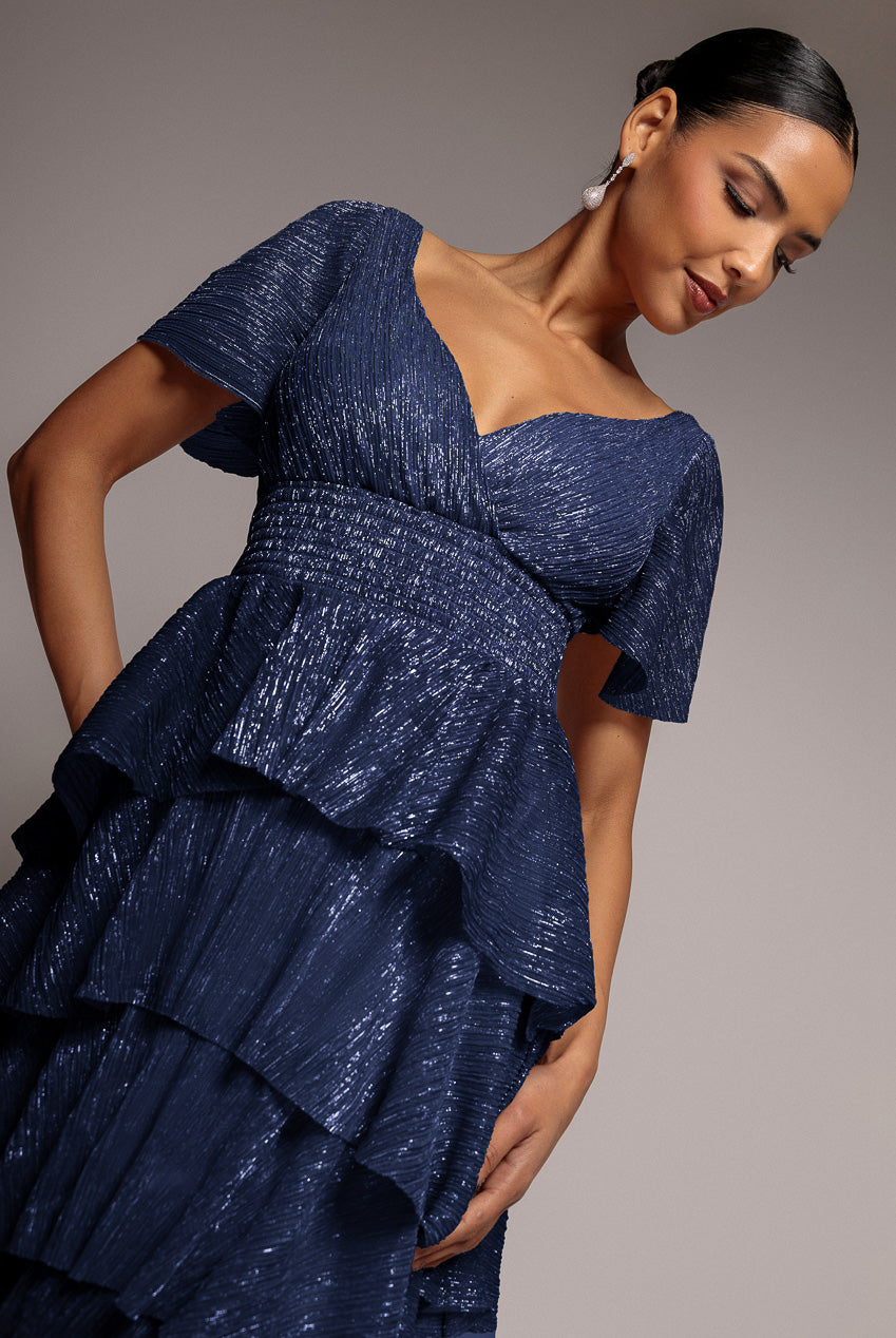 Crinkle Lurex High Low Layered Midi Dress - Navy DR3655