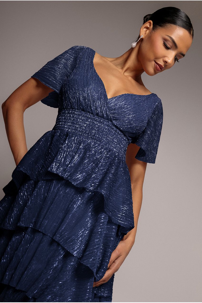 Crinkle Lurex High Low Layered Midi Dress - Navy DR3655